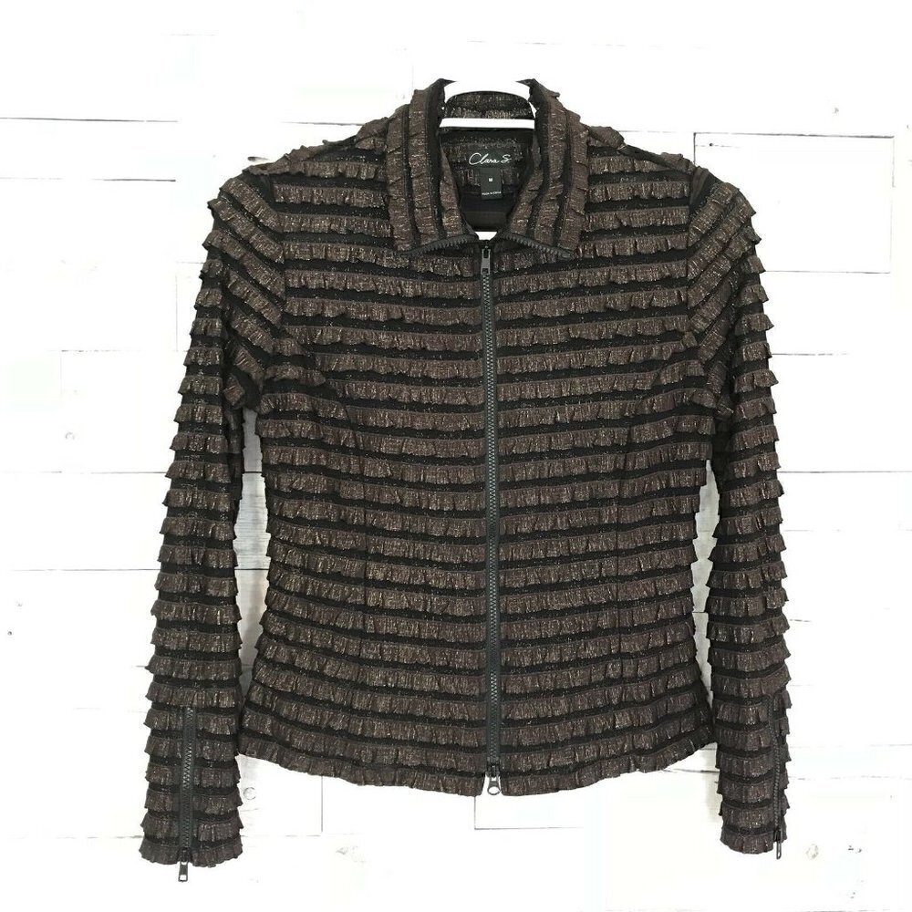 Clara S Brown Metallic Layered Ruffle Zip Jacket Medium